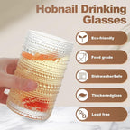 Hobnail Drinking Glasses Set of 12, 15 oz Large Capacity Highball Glasses with Straws Vintage Glasses Drinking Set, Embossed Beaded Glass Cups for Kitchen, Beer, Juice, Cocktail, Whiskey, Milk