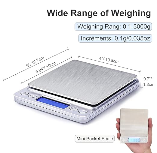 Food Scale Digital Weight 3000g/0.1g Oz Grams and Ounces Kitchen Scale for Cooking Baking with Backlight LCD Display, Tare, 9 Units, Auto Off, 2 Trays, Batteries Included - Stainless Steel