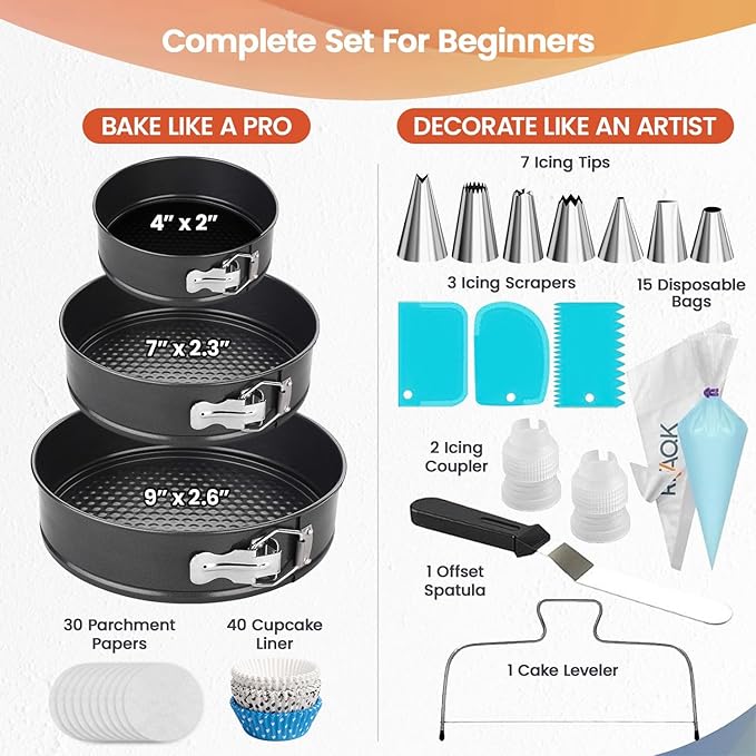 RFAQK 100pcs Cake Pan Sets for Baking + Cake Decorating Supplies: 3 Non-Stick Springform Pans Set (4, 7, 9 inches), Icing Tips, Cake Leveler – Multi-functional Leak-Proof CheeseCake Pan & eBook