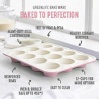 GreenLife 12-Cup Muffin Pan, PFAS-Free Healthy Nonstick Baking Tray, 11.4" x 1.9" x 15.9", Durable Ceramic Bakeware, Cupcakes, Egg Bites, Tarts, Brownies, Pink
