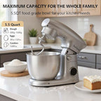 Stand Mixer, 3 in 1 Stand Mixer, 5.5Qt Electric Mixer, Mixer with Stainless Dough Hook, Wire Whip & Beater, Food Mixer for Baking, Cake and Most Home Cooks, Silver