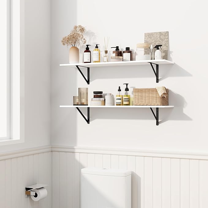 Fun Memories Deep Floating Shelves for Wall, 24W x 8D Wall Mounted Shelves Set of 2, Wide Display Ledge Shelf with Sturdy Metal Brackets for Living Room, Bathroom, Bedroom and Kitchen, White