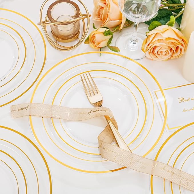 I00000 102 Pcs Clear Gold Plastic Plates - Disposable Party Plates, Gold Disposable Include 51 Dinner Plates and 51 Dessert Plates, Plastic Plates for Party, Holiday, Wedding & Birthday
