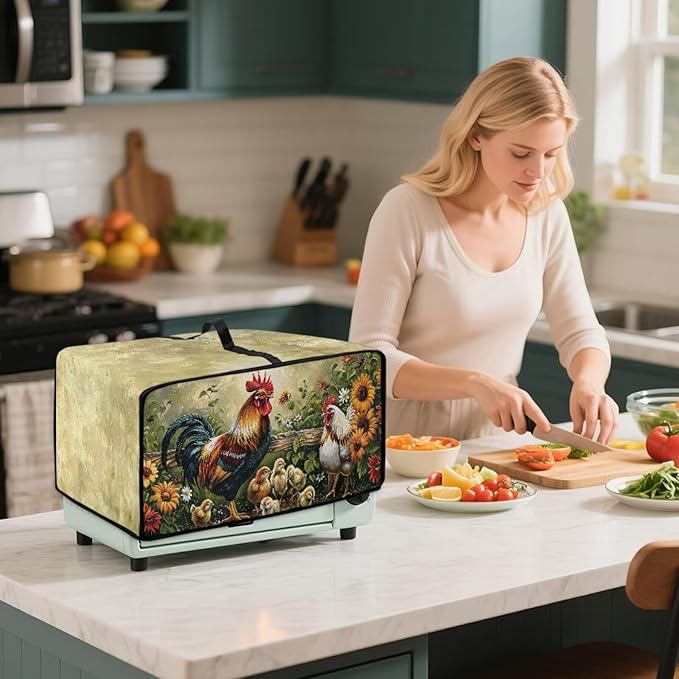 Rooster Sunflower Print Toaster Oven Dust-proof Cover Heat-Resistant Kitchen Small Appliance Air Fryer Covers Universal Washable Microwave Oven Covers (Medium-16.1 * 19.71 * 10 inches)