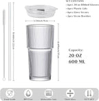 INSETLAN 6-Piece Glassware Set – 20 oz Ribbed Glass Tumblers with Lids and Glass Straws, Heavy-Duty Tumblers, Ideal for Iced Coffee, Smoothies, Cocktails, and Juices – Elegant and Durable Drinkware