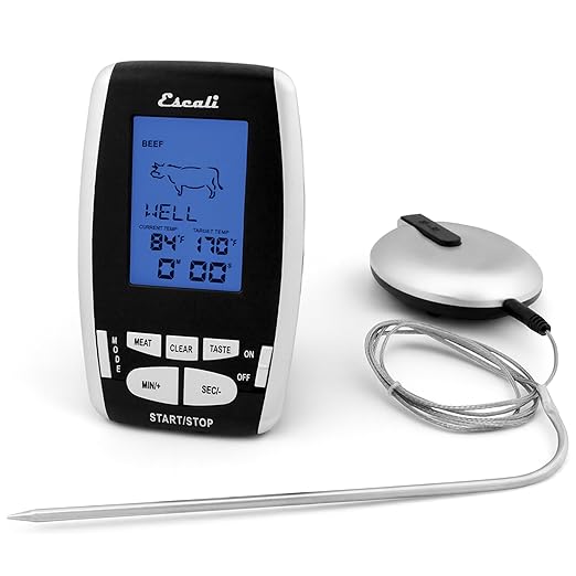 San Jamar Escali Plastic Wireless Thermometer & Timer, Custom Alerts, Stainless Steel Probe with 200ft Range for Commerical Kitchen, Black