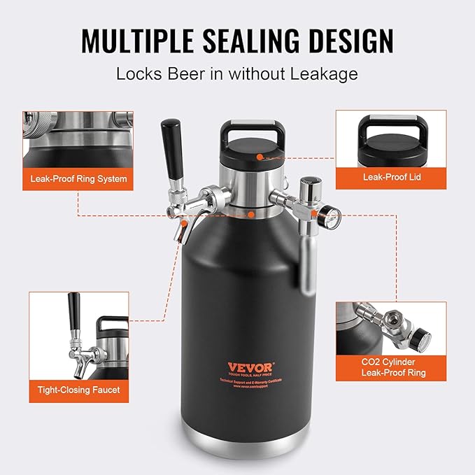 Beer Growler Tap System, 128Oz 4L Mini Keg, 304 Stainless Steel Pressurized Beer Growler, Keg Growler with Pressure Display, CO2 Regulator Faucet, Leak-Proof Ring For Draft, Homebrew, Craft Beer