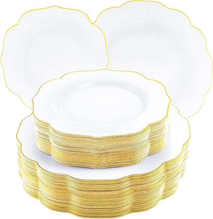 NOCCUR 120PCS Gold Plastic Plates Disposable for 60 Guests - Include 60 Dinner / 60 Dessert Plates Heavy Duty for Fall Party&Thanksgiving