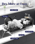 Kitsure Large Dish Drying Rack - Extendable Dish Rack, Multifunctional Dish Rack for Kitchen Counter, Anti-Rust Dish Drainers with Cutlery & Cup Holders 19.2"-26.7" L x 12.9" W, Black