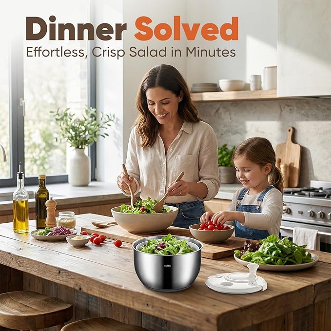 Stainless Steel Salad Spinner & Fruit Washer, 6L Quick-Spin Vegetable Spinner with Drain Lid, Pasta Dryer & 3-Bowl Set, Commercial-Grade Salad Spinner for Kitchen, Easy Clean & Dishwasher Safe