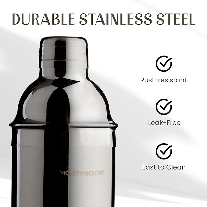 Modern Mixology 21-Piece Cocktail Shaker Set with Stand | Complete Cocktail Kit Gift Set | Top Bartender Gifts for Men & Women | Portable Bar Tools (Silver, Brown Stand)