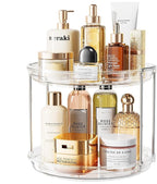 LAMU Rotating Makeup Organizer for Vanity, 10.6in 2 Tier Lazy Susan Turntable Stackable Spinning Skincare Organizer Cosmetic Perfume Tray Display for Bathroom Counterop, Large Capacity, Clear