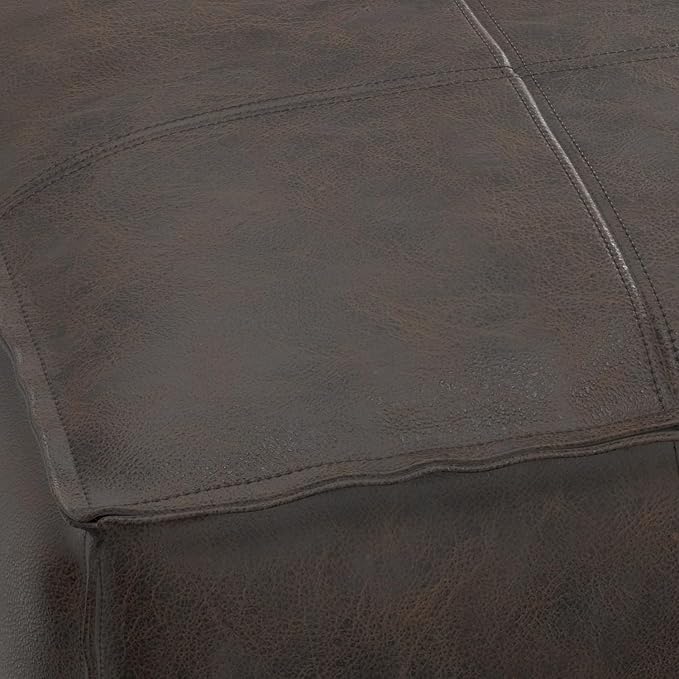 SIMPLIHOME Sheffield Square Pouf - 18 inch Wide Genuine Leather Ottoman in Distressed Dark Brown, Boho-Style Footrest, Extra Seating, or Accent Piece for Living Room or Bedroom, Assembled