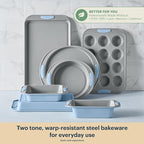 Pyrex (3-Piece) Metal Cookie Sheet Bakeware Set, Lightweight Stainless Steel Baking Trays with Heatsafe Silicone Handles, Cookie Sheet Baking Pan, Cerulean