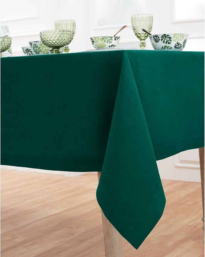 Solino Home Linen Tablecloth for Rectangle Tables 60 x 120 Inch - 100% Pure Linen Rainforest Green Table Cloth - Fete, Machine Washable Cloth Tablecloth for Christmas, Holiday, Winter, New Year