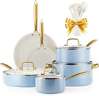 Ceramic Cookware Set, VONIKI 16 Pcs Pots and Pans Set Non Stick, Kitchen Cookware Sets with Cooking Utensils Set, Non Toxic Cookware Set White Gold Pan Set for Cooking Pot Oven & Dishwasher Safe, Gift