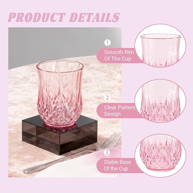 40 Pack Plastic Stemless Wine Glasses,12oz Unbreakable Vintage Elegant Drinking Glass Set,Reusable Fancy Cocktail Cups for Party, Wedding, and Bulk Events (40, 12oz-Pink)