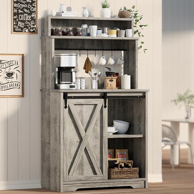 Farmhouse Coffee Bar with 3 Tier Storage Hutch, 56 Inch Small Coffee Station with 6 Hooks, Corner Bar Table with Adjustable Shelves for Living Dining Room (Grey)