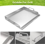 Universal Stainless Steel Griddle Flat Top Plate with Even Heating Bracing for BBQ Charcoal and Gas Grills, Camping, Tailgating, and Parties,with Grease Groove and Removable Handles (23" x 16")