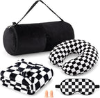 HunnmingRe 5 Pcs Travel Pillow and Blanket Set, 5 in 1 Travel Airplane Compact Includes 40 x 60 Inch Throw Blanket Eye Mask Neck Pillow Earplug and Bag Gifts for Travelers Women(Checkered,Black)