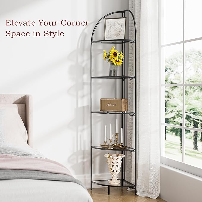 Crofy Foldable 5 Tier Corner Shelf, Metal Corner Plant Stand with Black Frame and Transparent Shelves, Corner Display Rack Multipurpose Shelving Unit for Living Room, Bedroom, Bathroom