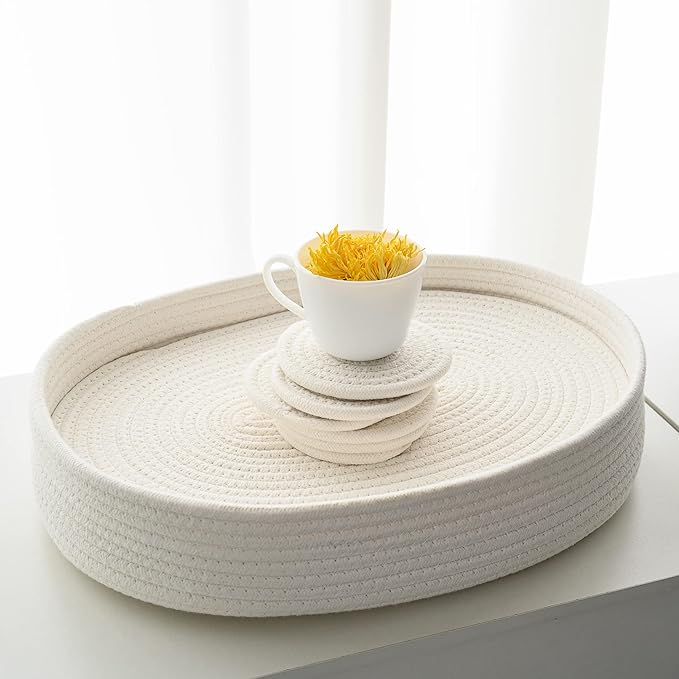 Placemats Set of 6 Oval – Woven Boho Farmhouse Table Mats for Dining Table for 6, Kitchen Decor, Washable and Handmade Rustic Table Accessories (16 * 12 Plus 6 Coasters, Off White)