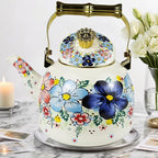 Vintage Enamel Tea Kettle, Blue Floral Pattern Stovetop Teapot with Gold Handle, 2.5L Enamel Kettle Kitchen Decor, Ideal Gift for Housewarming Camping Coffee Pot