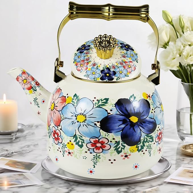 Vintage Enamel Tea Kettle, Blue Floral Pattern Stovetop Teapot with Gold Handle, 2.5L Enamel Kettle Kitchen Decor, Ideal Gift for Housewarming Camping Coffee Pot