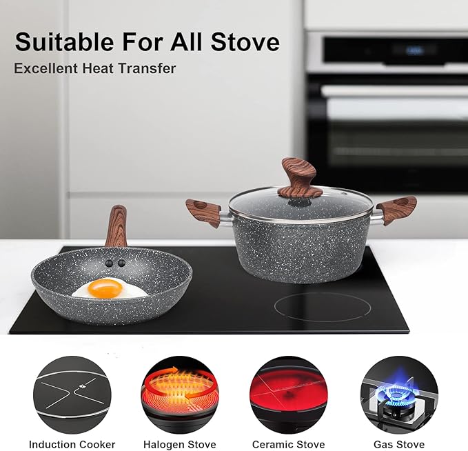 M MELENTA Granite Pots and Pans Set Non Stick, 11 Piece Die-Cast Induction Cookware Set, Nonstick Kitchen Cooking Set w/Frying Pans & Saucepans, PFOA Free