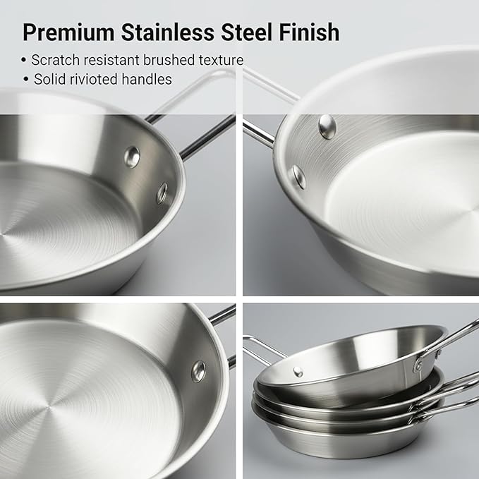 Au Gratin Dishes Stainless Steel, Specialty Gratins Pots and Pans, Cookware, Small Baking Dish with Handles, Set of 4, 20 Oz, for Oven Roasting, Individual portion, Pie (Silver, 7.5 Inch)
