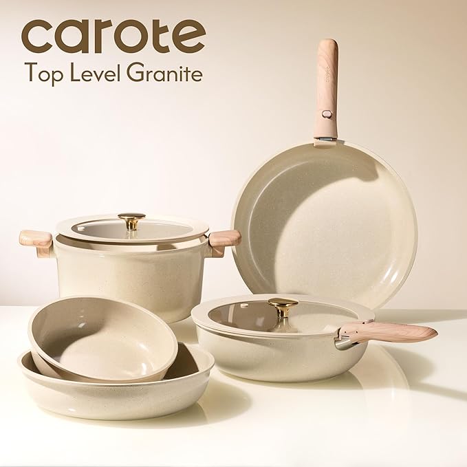 CAROTE 25PCS Ceramic Cookware Set, Pots and Pans set Non Stick, RV Kitchen Cooking Set Removable Handles, Oven Safe, Induction Cookware, Non-toxic Kitchen Cooking Set, PFAS and PFOA Free