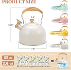 GGC Tea Kettle for Stove Top, 85OZ/2.6QT Whistling Tea Kettles for Boiling Water Milik or Coffee, White Stainless Steel Tea Pots with Wood Pattern Folding Handle, Thumb Design Control Kettle Outlet