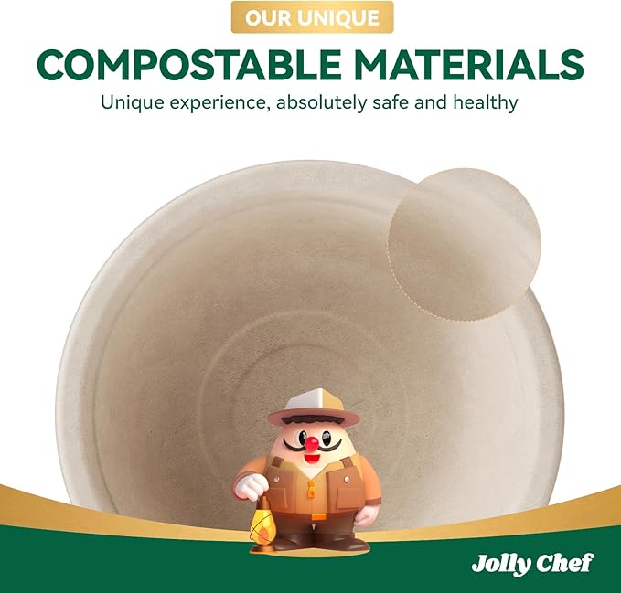 JOLLY CHEF Compostable Disposable Paper Bowl [16 oz] Heavy Duty Soup Containers [150 Pack] Biodegradable Bagasse Hot Cold Eco-Friendly Natural Sugarcane Microwavable Bowls for Dinner Christmas
