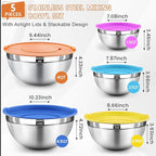 BEWOS Mixing Bowls with Lids Set - 5 Pcs Stainless Steel Mixing Bowls With 3 Grater Attachments, Size 4.5, 4, 3.5, 2.1, 1.5QT Metal Bowls for Baking and Serving (Colored)