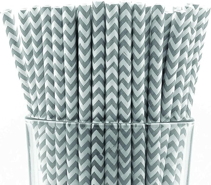 Pack of 300 Gray Chevron Biodegradable 4-Ply Paper Drinking Straws (Compostable, Non-toxic, BPA-free)