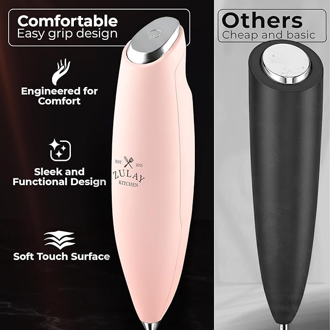 Zulay Kitchen Patented Tornado Triple Whisk Milk Frother with 4 Duracell Batteries – Handheld Foam Maker for Coffee, Lattes, Matcha & Hot Chocolate – Rich, Creamy Froth in Seconds - Spritz Pink