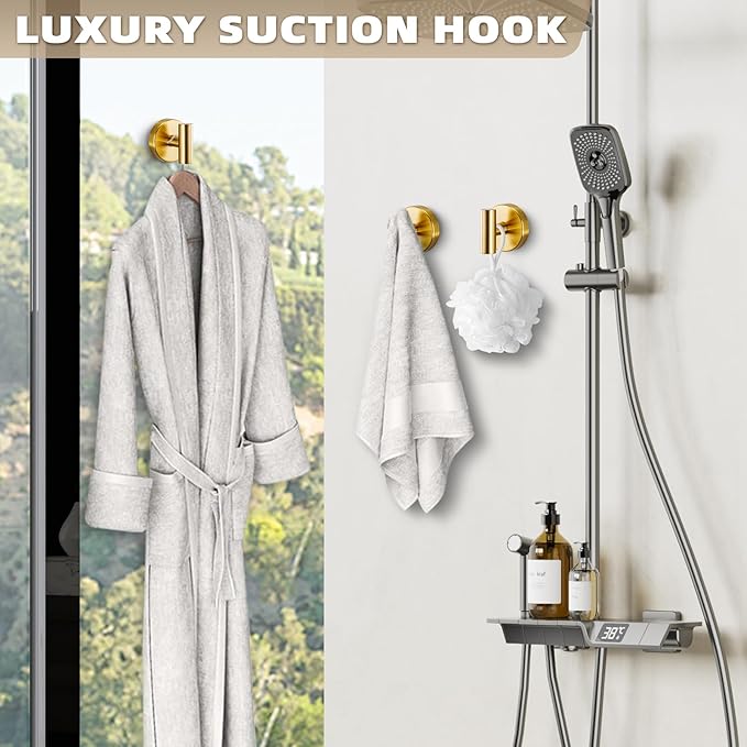 Suction Cup Hooks for Shower - Bathroom Reusable Hooks for Towels, Robes & Loofah - No-Drill Mounting on Kitchen,Walls,Metal,Glass,Mirrors,Tile & Smooth Non-Porous Surfaces (4, Brushed Gold)