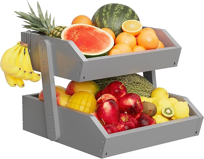 Bamboo 2 Tier Fruit Basket for Kitchen Counter, Large Capacity Fruit Storage Countertop, Fruit Holder, Wood Pantry Organizers and Storage, Kitchen Countertop Organizer With Two Banana Hangers (Grey)