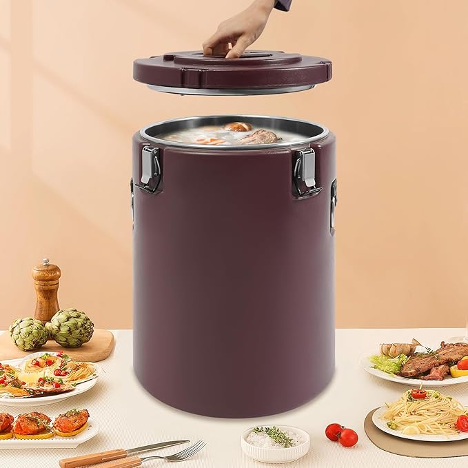 Eapmic 42.27Qt Insulated Food Container, Stainless Steel Container, 40L Commercial Soup Carrier 15 Hours Heat Preservation for Hot and Cold Food Storage Restaurant Canteen Home Lunch Use (Brown, 40L)