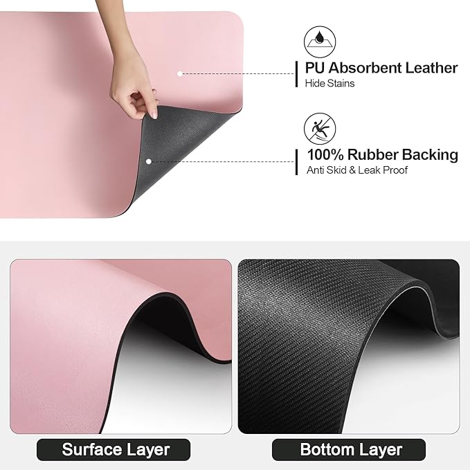 Ecotrim - Dish Drying Mat for Kitchen Counter | Coffee Bar Mat for Countertops | Heat Resistant Drainer Mat with Non-slip Rubber Backed | Hide Stain Kitchen Absorbent Draining Mat | Pink 18"x32"