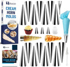 Cream Horn Molds for Baking, 23pcs Horn Forms Set, Non-stick Stainless Steel 15pcs Cone Shaped with Cleaning Brush, Piping Tip, Piping Bag, for ice Cream Cones, Puff Pastry, Baking Cones