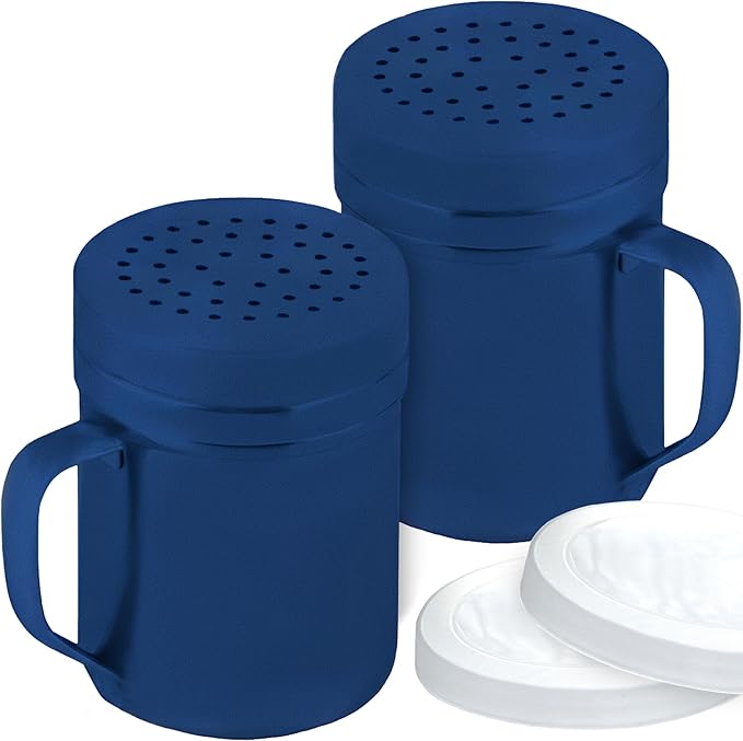 CUSINIUM 10oz Navy Blue Stainless Steel Salt Pepper Dredge Shakers - With Plastic Cap - With Handle - Pack of 2