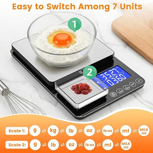 KKZ 0.001oz/33lb Kitchen Scale, Dual Platform Food Scale Grams and Ounces for Weight Loss Baking Cooking Meal Prep Sourdough Bread, Stainless Steel