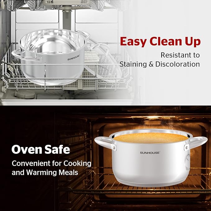 SUNHOUSE Stainless Steel Stock Pot - 13 Quart Heavy-Duty Induction Cooking Pot with Visible Lid for Pasta, Soup, Spaghetti - Nonstick Thick-Bottom Deep Stockpot for Canning, Boiling, and Simmering