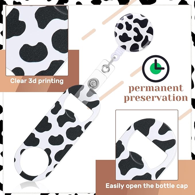 Irenare 6 Pcs Flat Bottle Openers Retractable Bar Keys for Bartenders Stainless Steel Beer Bottle Opener with Belt Clip and Round Badge Reel Bartender Gifts for Women Men(Leopard Style)