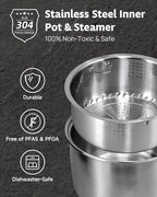 YOKEKON Rice Cooker Stainless Steel Inner Pot PFAS-Free Dishwasher Safe, Low Carb & Low Sugar Large Rice Cookers 8 Cup with Steamer Basket, 24H Delay Timer and Auto Keep Warm Feature,Black