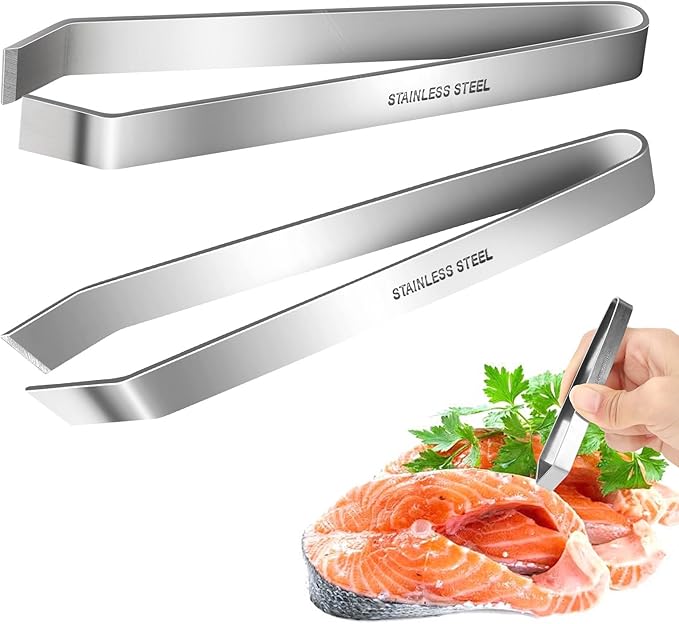 Fish Bone Tweezers, Flat and Slant Tweezers Set, Heavy Duty Stainless Steel Kitchen Tools for Removing Salmon Bones, Chicken Feathers and Pig Bristles, Dishwasher Safe