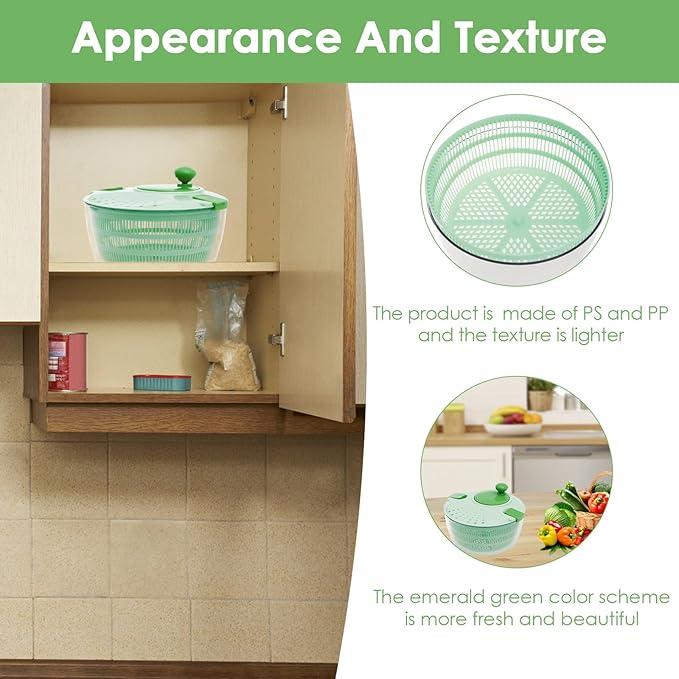 PP Salad Spinner, Multi-Use Basket, 4.22 QT Large Capacity Salad Washer Labor Saving Lettuce Spinner Multiple Water Outlet Lettuce Drainer for Household(Green)