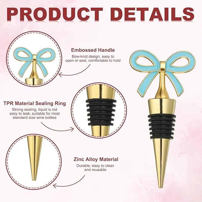 uxcell 2 Pcs Bow Wine Stopper, Reusable Wine Stoppers Airtight Leak-proof Bottle Plugs Liquor Saver Beer Beverage Glass Bottles Stopper for Bar Holiday Party Home Decor, Gold-Blue