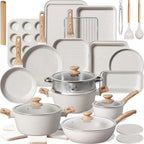 Kikcoin Pots and Pans Set Non Stick 31 Piece Kitchen Nonstick Cooking Cookware Sets with Grill Pan Saucepan Baking Sheet Utensil, Cream White